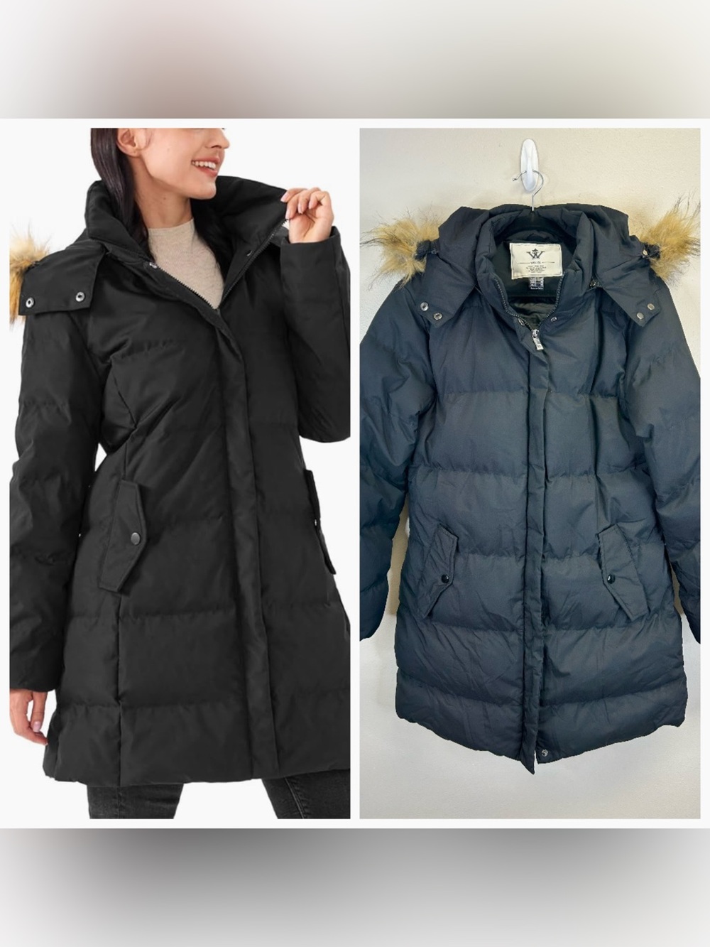 Black Hooded Puffer Coat Size M Zip Up Faux Fur Outdoor Ski Lodge Sled Snow Cozy